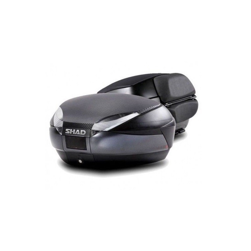 Vrchní kufr na motorku SHAD SH48 Tmavě šedý s opěrkou, karbonový kryt a zámek PREMIUM SMART