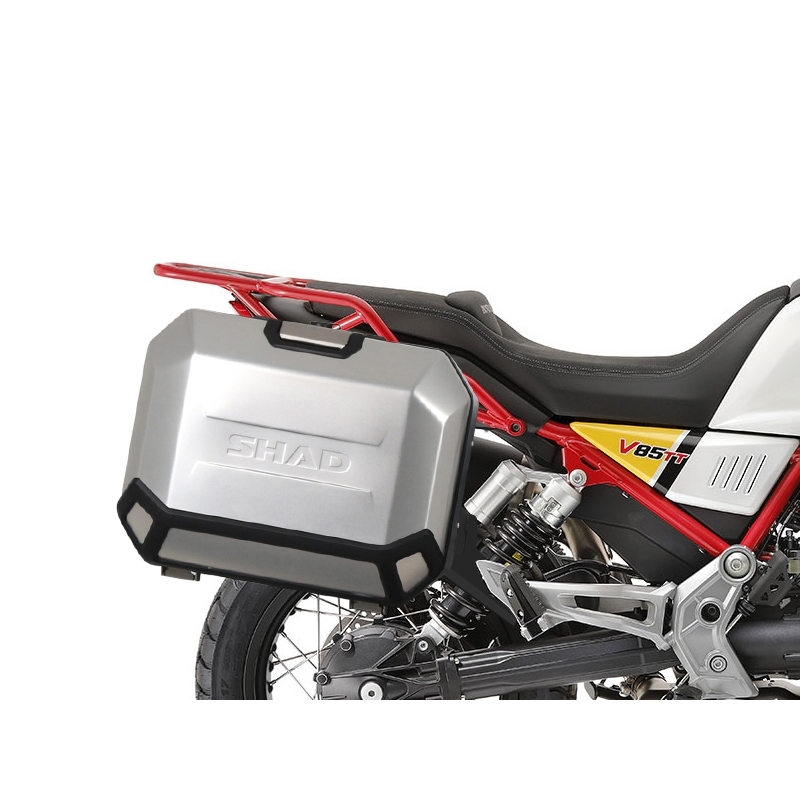 Kompletní sada bočních černých hliníkových kufrů SHAD TERRA BLACK 36L/47L , včetně montážní sady SHAD MOTO GUZZI V 85 TT
