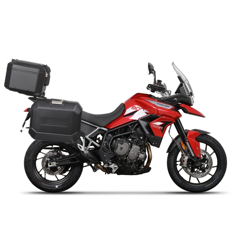 Kompletní sada černých hliníkových kufrů SHAD TERRA BLACK, 37L topcase   36L/47L boční kufry, včetně montážní sady a plotny SHAD TRIUMPH Tiger 900