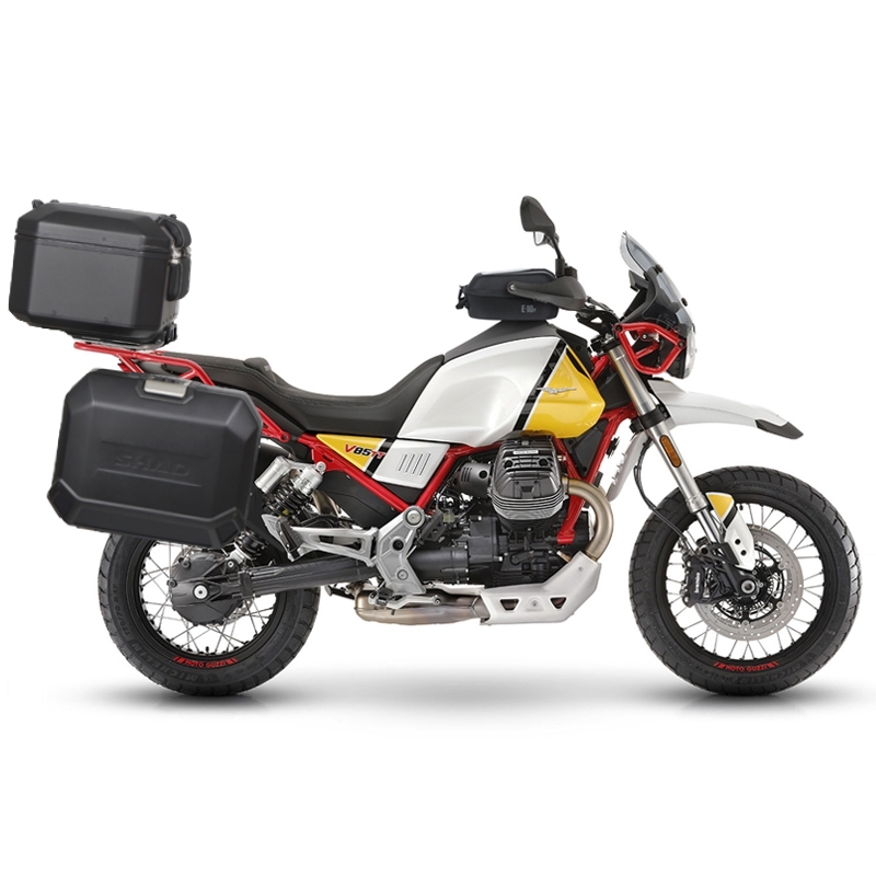 Kompletní sada černých hliníkových kufrů SHAD TERRA BLACK , 48L topcase   36L/47L boční kufry, včetně montážní sady a plotny SHAD MOTO GUZZI V 85 TT
