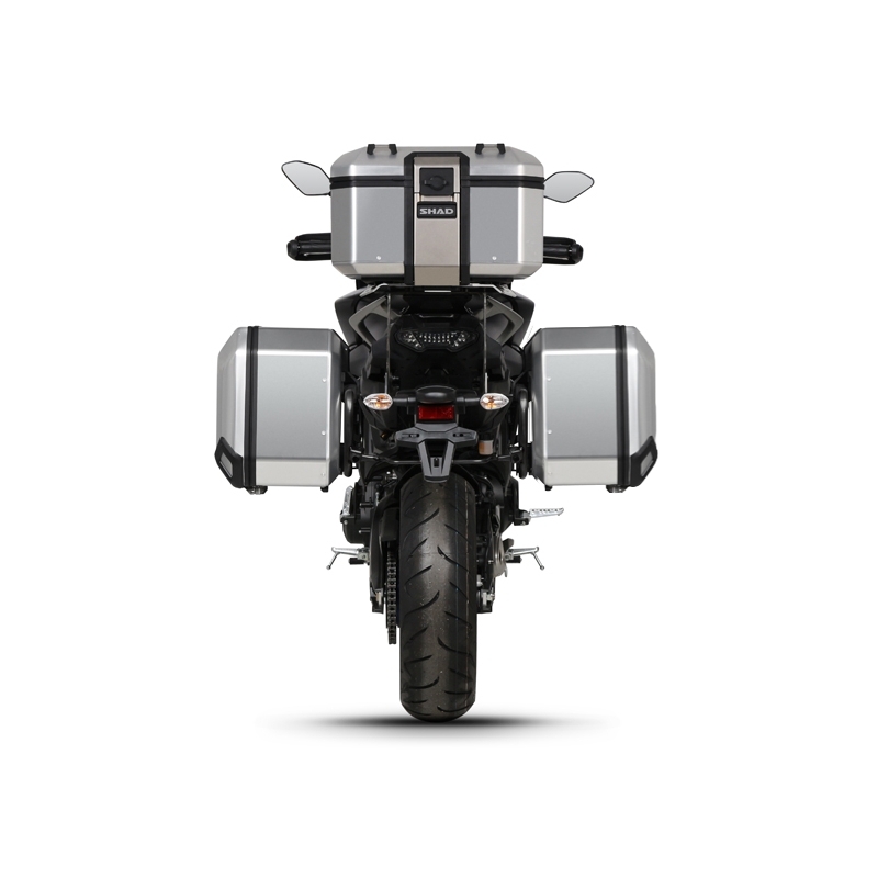 Kompletní sada černých hliníkových kufrů SHAD TERRA BLACK , 37L topcase 47L/47L boční kufry, včetně montážní sady a plotny SHAD YAMAHA MT-09 Tracer / Tracer 900