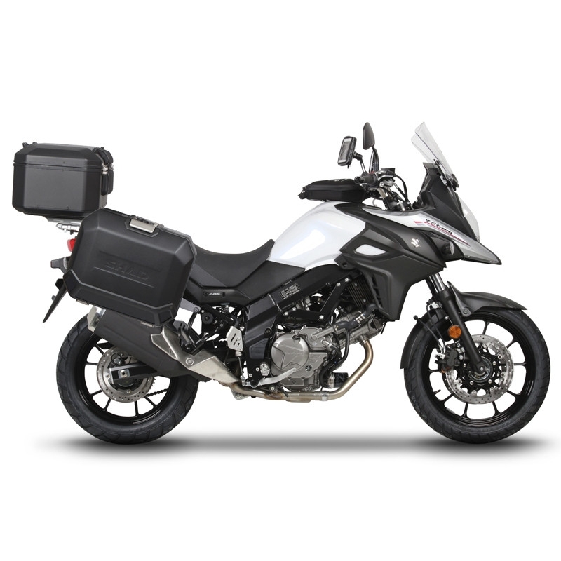 Kompletní sada černých hliníkových kufrů SHAD TERRA BLACK , 48L topcase 36L/36L boční kufry, včetně montážní sady a plotny SHAD SUZUKI DL 650 V-Strom