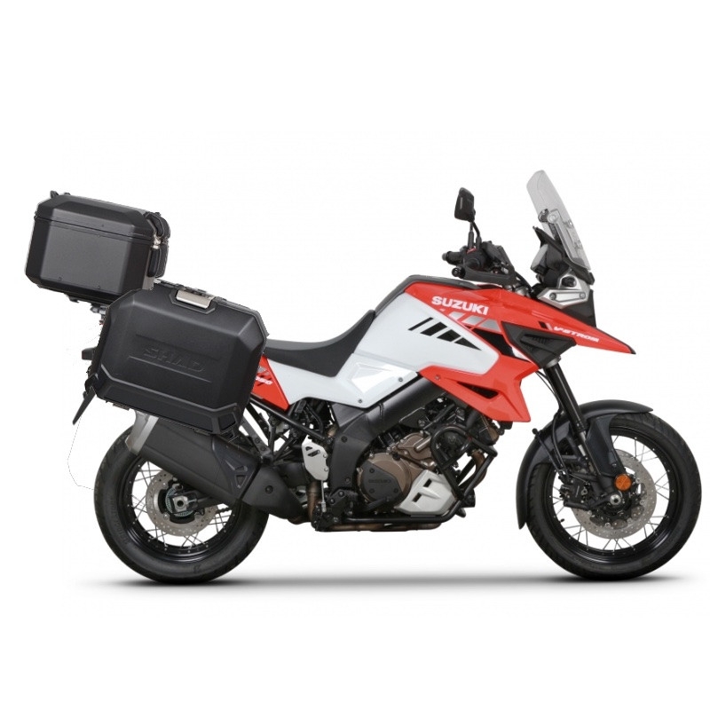 Kompletní sada černých hliníkových kufrů SHAD TERRA BLACK , 48L topcase 47L/47L boční kufry, včetně montážní sady a plotny SHAD SUZUKI DL 1000 V-Strom/ DL 1050 V-Strom