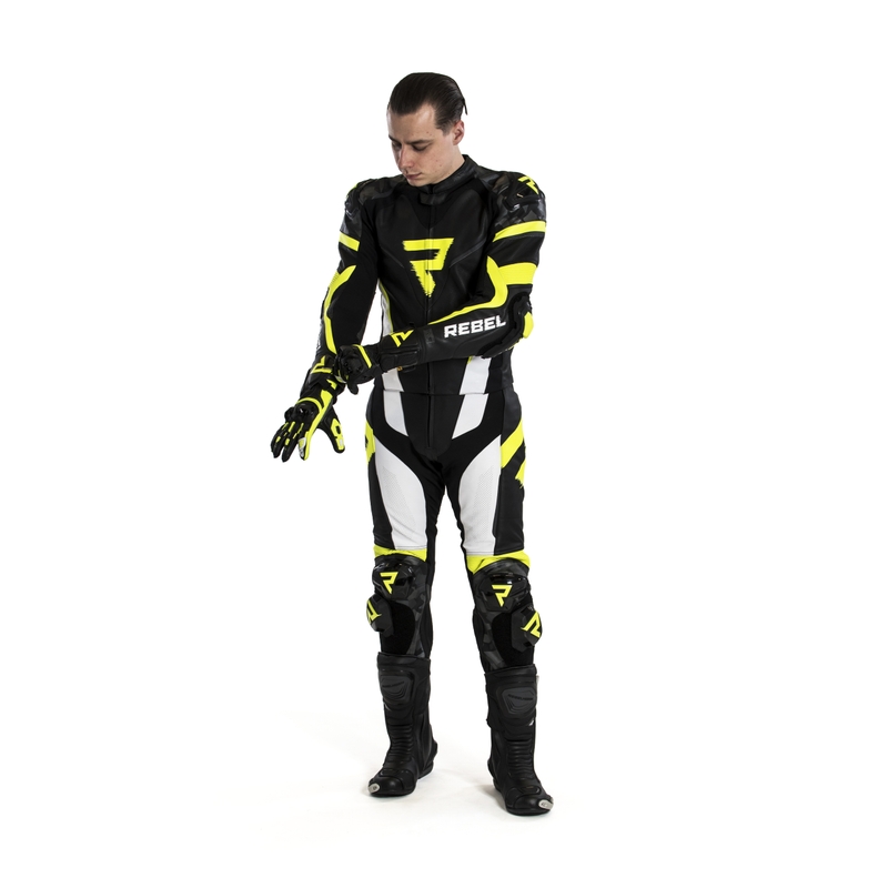 Kombinéza na motorku Rebelhorn Rebel černo-bílo-fluo žlutá výprodej