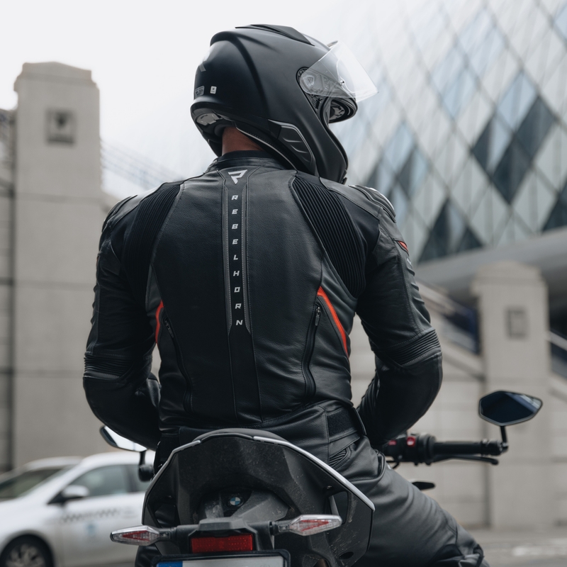 Kožená bunda na motorku Rebelhorn Veloce černo-fluo červená