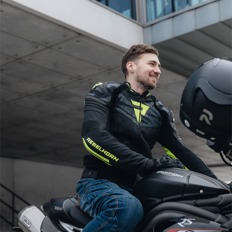 Kožená bunda na motorku Rebelhorn Vandal černo-fluo žlutá výprodej