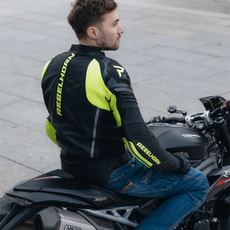 Kožená bunda na motorku Rebelhorn Vandal černo-fluo žlutá výprodej