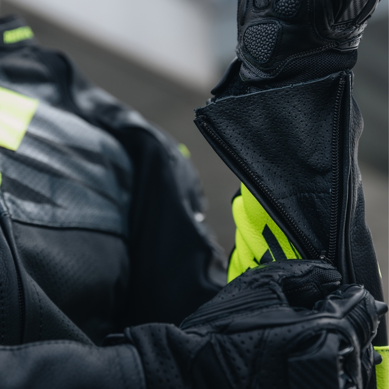 Kožená bunda na motorku Rebelhorn Vandal černo-fluo žlutá výprodej