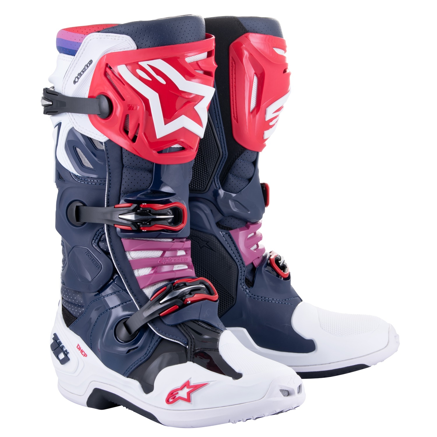 Boty na motorku Alpinestars Tech 10 Supervented 2024 perforované tmavě modro-bílo-červeno-fialové Velikost: 40,5