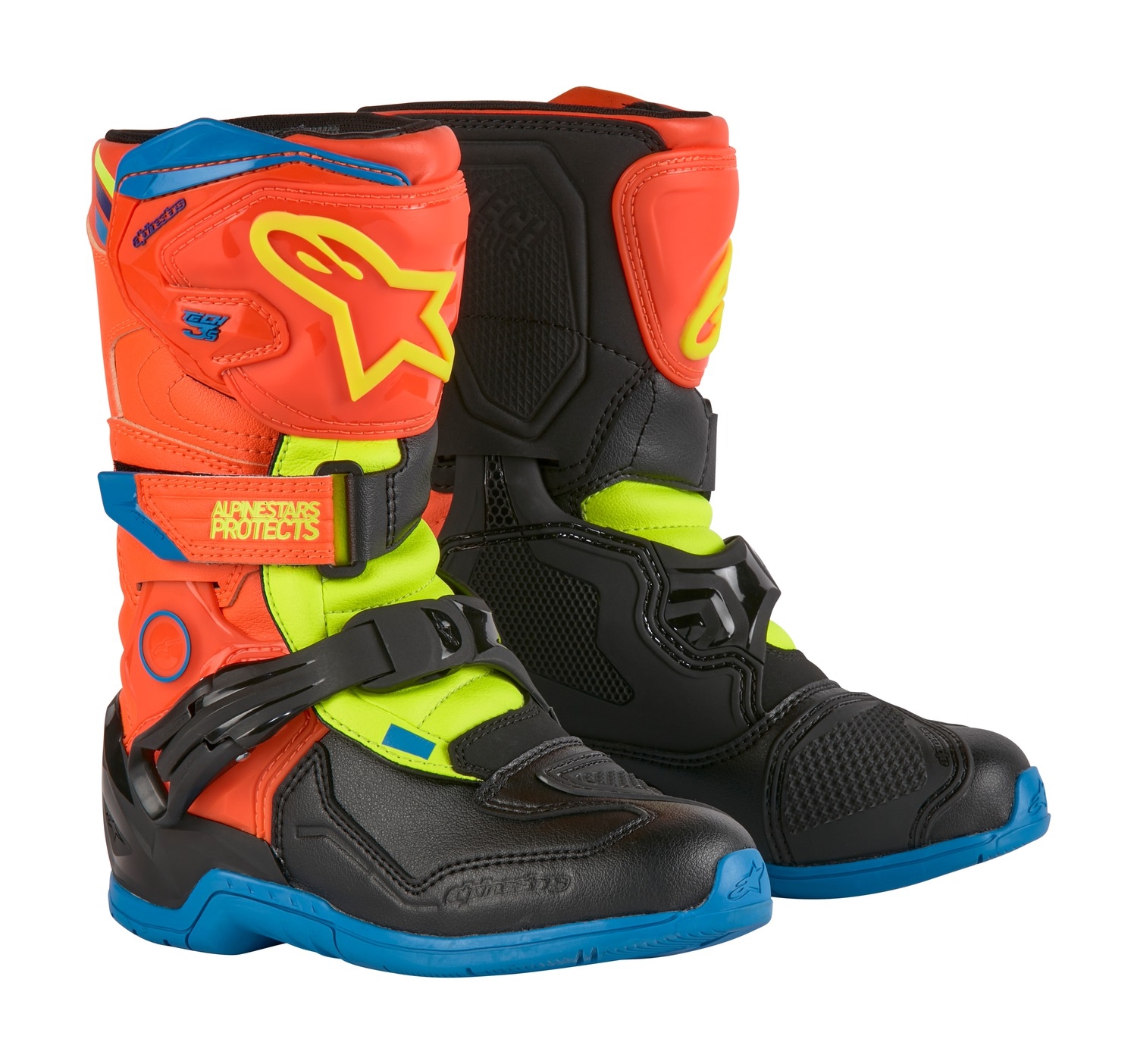 Dětské boty na motorku Alpinestars Tech 3S Kids 2024 fluo oranžovo-modro-fluo žluto-černé Velikost: 28