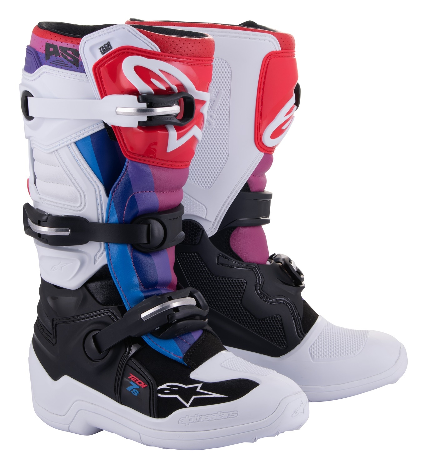 Dětské motokrosové boty Alpinestars Tech 7 S 2024 bílo-černo-červeno-modro-fialové Velikost: 34