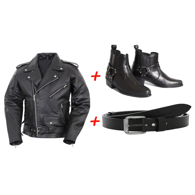 SET: Boty koně RSA KW + kožený pásek RSA Klasik + Křivák - kožená bunda RSA