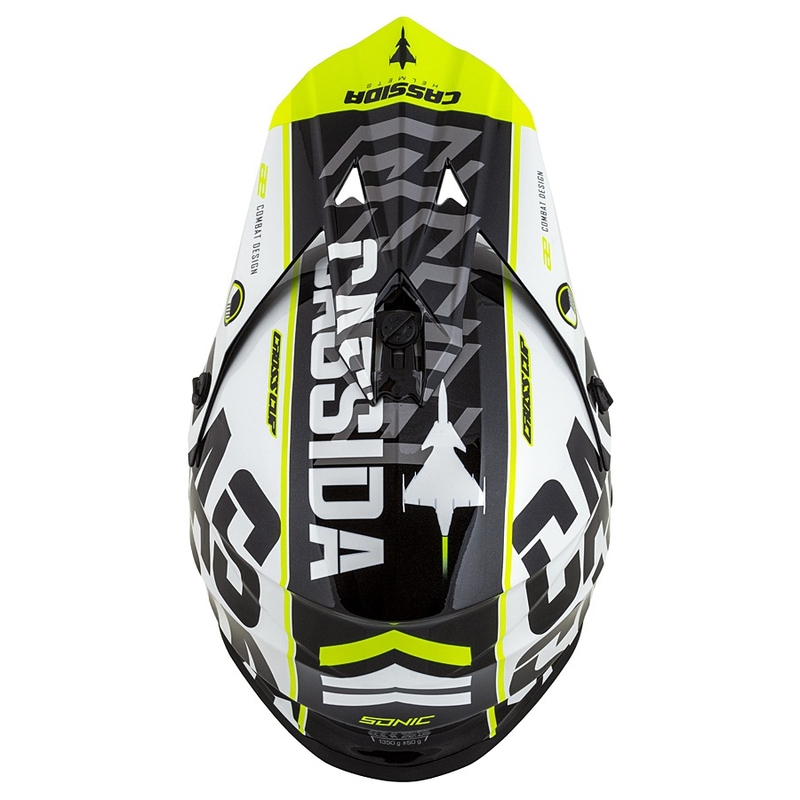 Dětská motokrosová helma Cassida Cross Cup Sonic Junior černo-bílo-fluo žluto-šedá