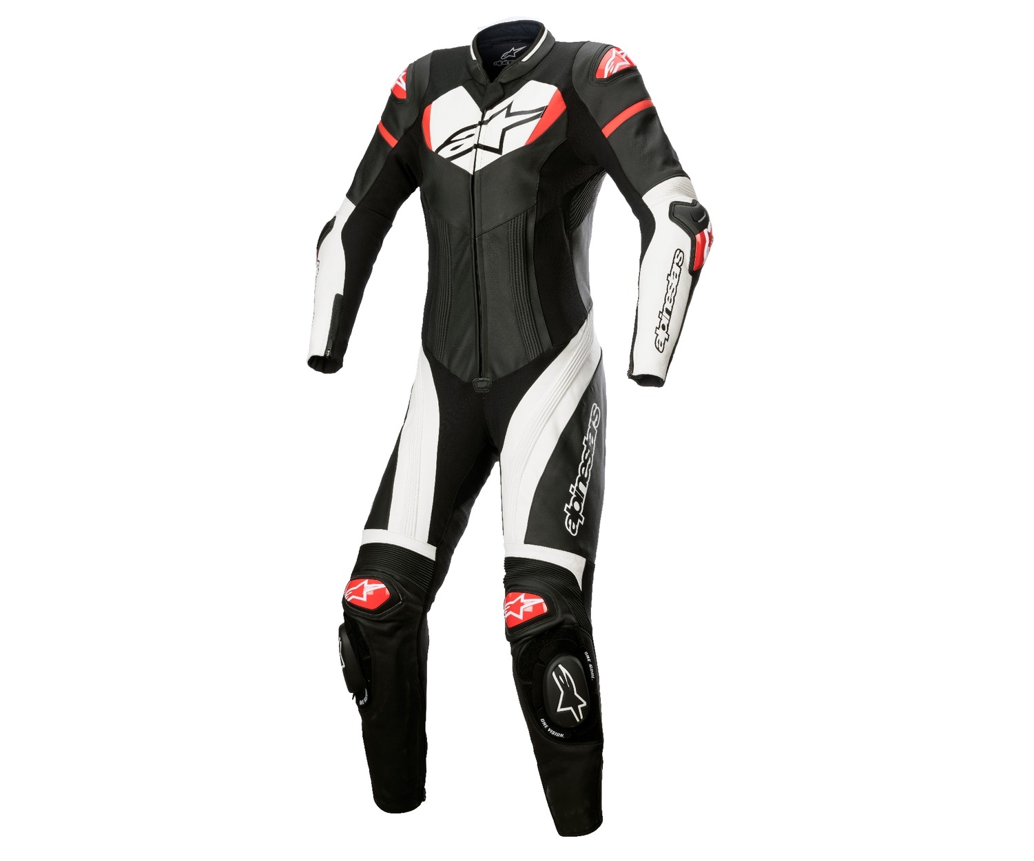 Dámská jednodílná kožená kombinéza na motorku Alpinestars STELLA GP PLUS 2 černo-bílo-fluo červená Velikost: 42