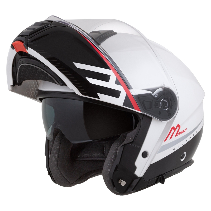 Výklopná helma na motorku Cassida Modulo 2.1 Compass perleťovo bílo-černo-červeno-stříbrná