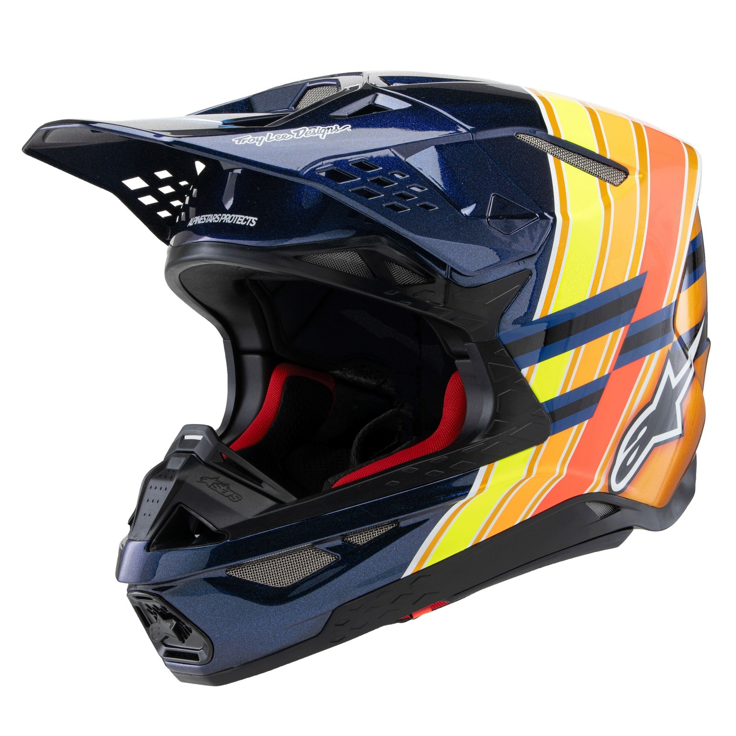 Motokrosová přilba Alpinestars Supertech S-M10 edice TROY LEE DESIGNS perleť modro-fluo oranžovo- žluto-červená Velikost: XS