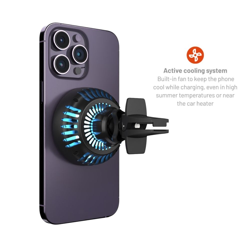 Držák s bezdrátovým nabíjením a aktivním chlazením FIXED MagCool s uchycením MagSafe černý 15W