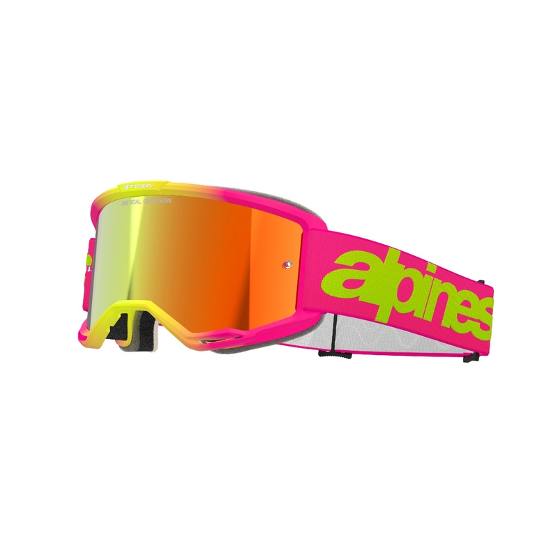 Motokrosové brýle Alpinestars Vision 5 Wordmark růžovo-fluo žluté se zrcadlovým červeným plexi