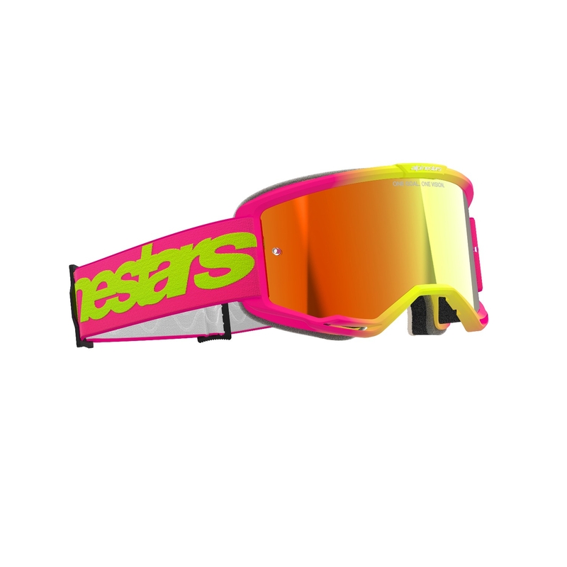 Motokrosové brýle Alpinestars Vision 5 Wordmark růžovo-fluo žluté se zrcadlovým červeným plexi
