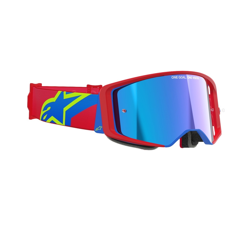 Motokrosové brýle Alpinestars Supertech Corp červeno-modré se zrcadlovým stříbrným zorníkem