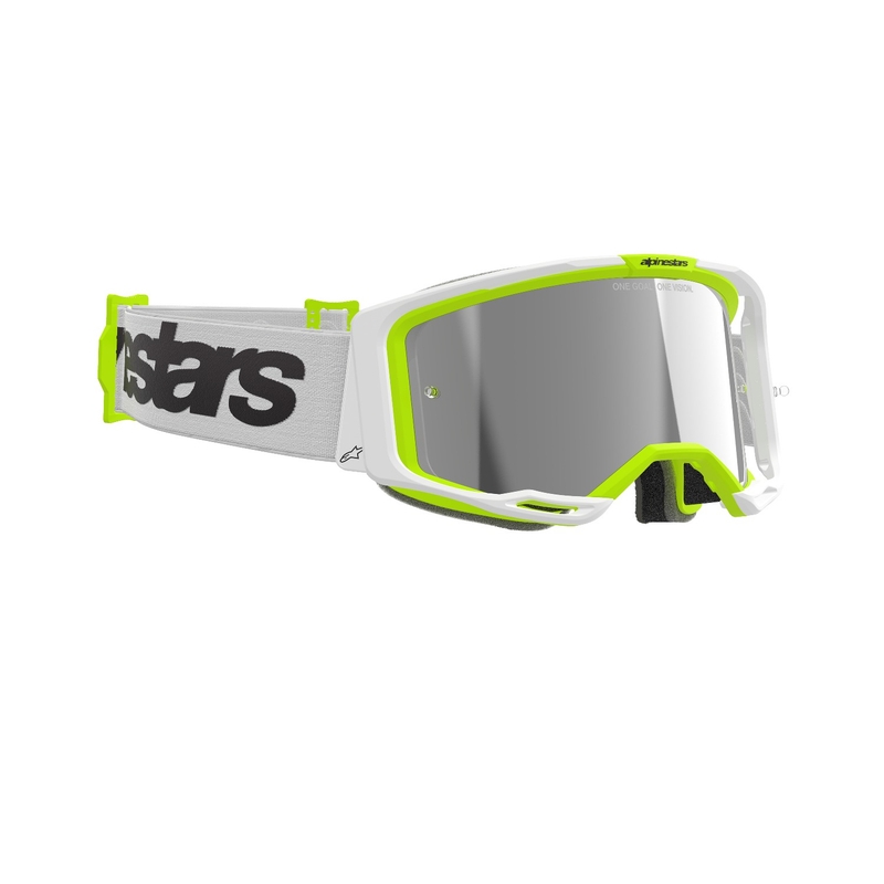 Motokrosové brýle Alpinestars Vision 8 Wordmark bílo-fluo žluté se zrcadlovým stříbrným zorníkem