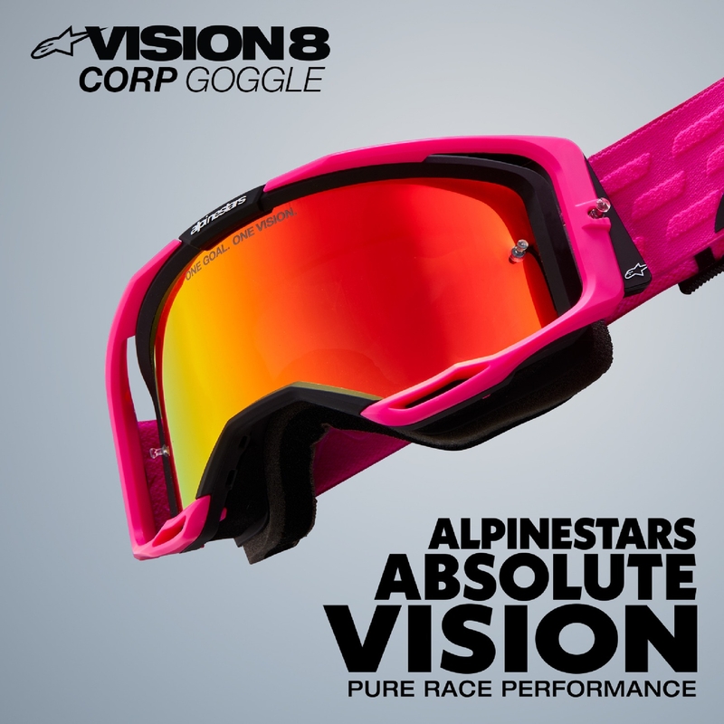 Motokrosové brýle Alpinestars Vision 8 Wordmark modro-oranžové s dvojitým antifog čirým zorníkem