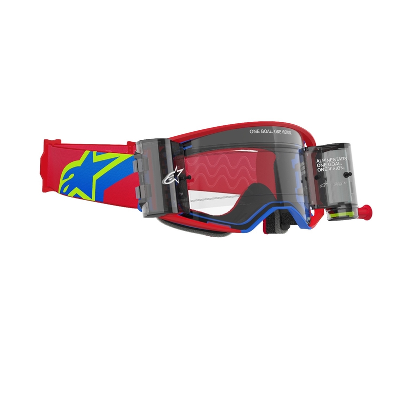 Motokrosové brýle Alpinestars Supertech Corp ROLL-OFF Wide Vision červeno-modré s čirým zorníkem