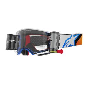 Motokrosové brýle Alpinestars Supertech Corp ROLL-OFF Wide Vision modro-oranžové s čirým zorníkem
