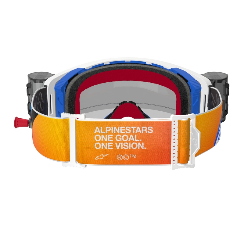 Motokrosové brýle Alpinestars Supertech Corp ROLL-OFF Wide Vision modro-oranžové s čirým zorníkem