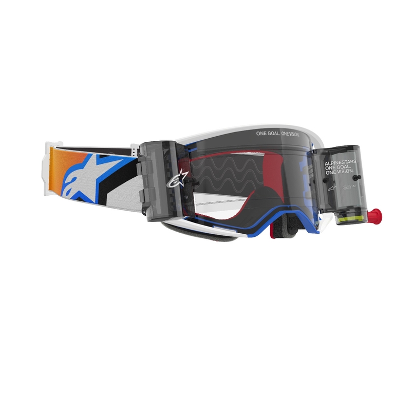 Motokrosové brýle Alpinestars Supertech Corp ROLL-OFF Wide Vision modro-oranžové s čirým zorníkem