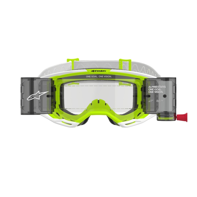 Motokrosové brýle Alpinestars Vision 8 Wordmark ROLL-OFF Wide Vision bílo-fluo žluté s čirým zorníkem