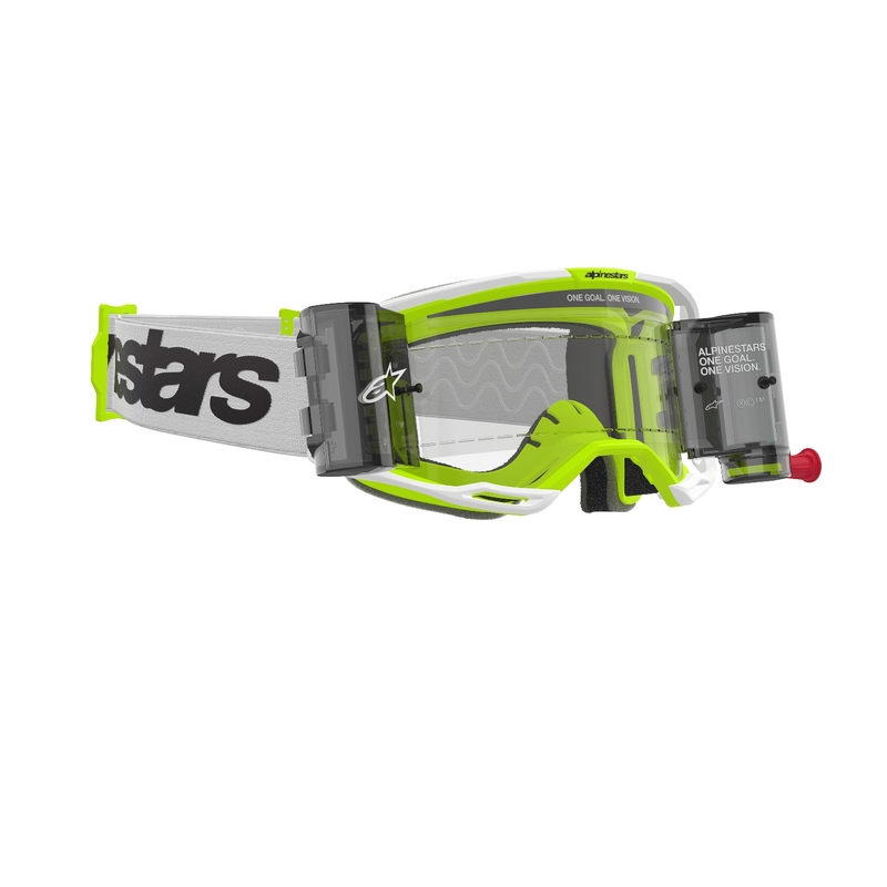 Motokrosové brýle Alpinestars Vision 8 Wordmark ROLL-OFF Wide Vision bílo-fluo žluté s čirým zorníkem