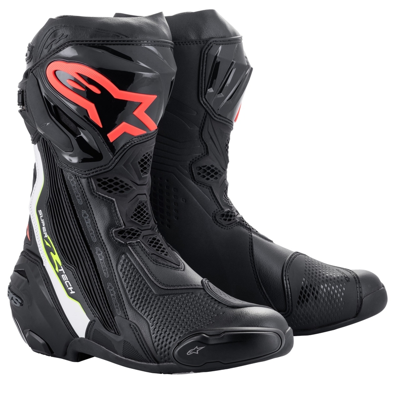 Boty na motorku Alpinestars Supertech R černo-bílo-fluo červeno-fluo žluté