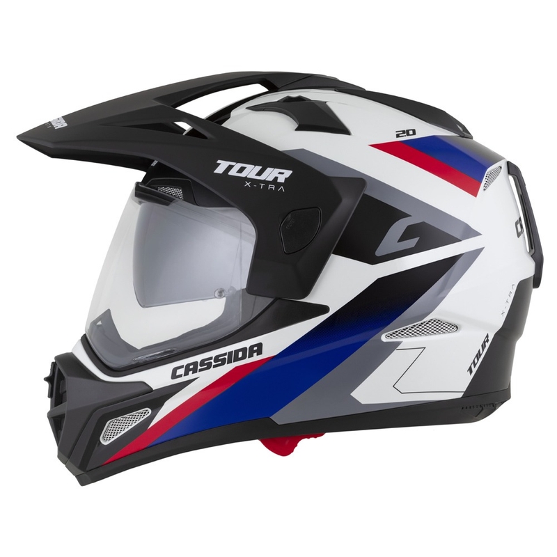 Enduro přilba Cassida Tour 2.0 X-tra bílo-modro-červeno-černá s černým matným kšiltem
