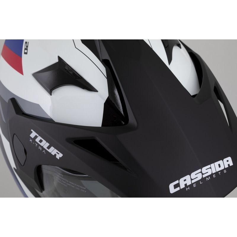 Enduro přilba Cassida Tour 2.0 X-tra bílo-modro-červeno-černá s černým matným kšiltem