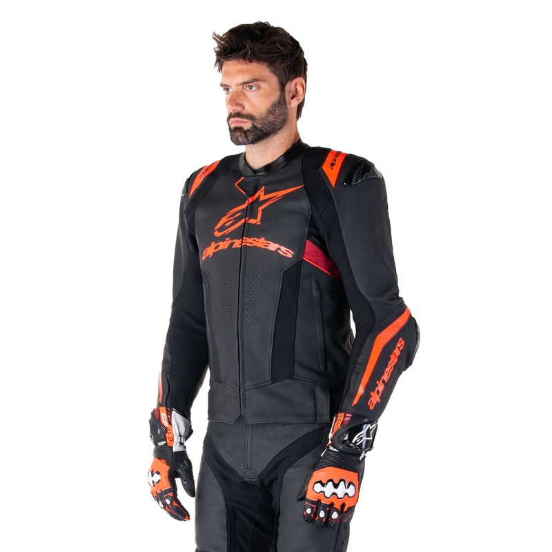 Kožená bunda na motorku Alpinestars Missile 3 Ignition černo-fluo červeno-tmavě červená