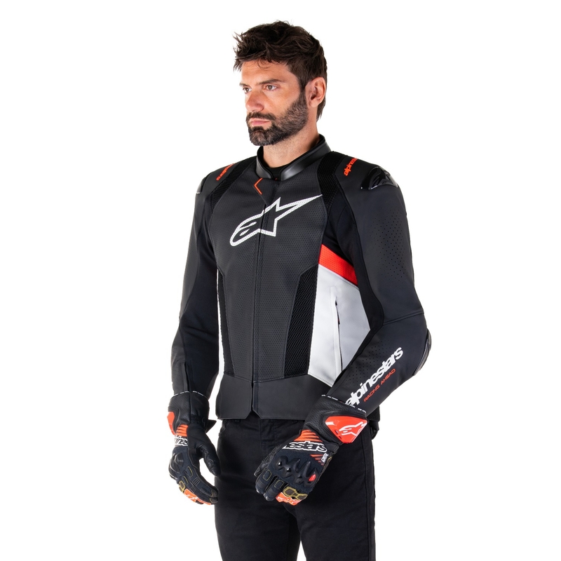 Kožená bunda na motorku Alpinestars Missile 3 Airflow černo-bílo-fluo červená