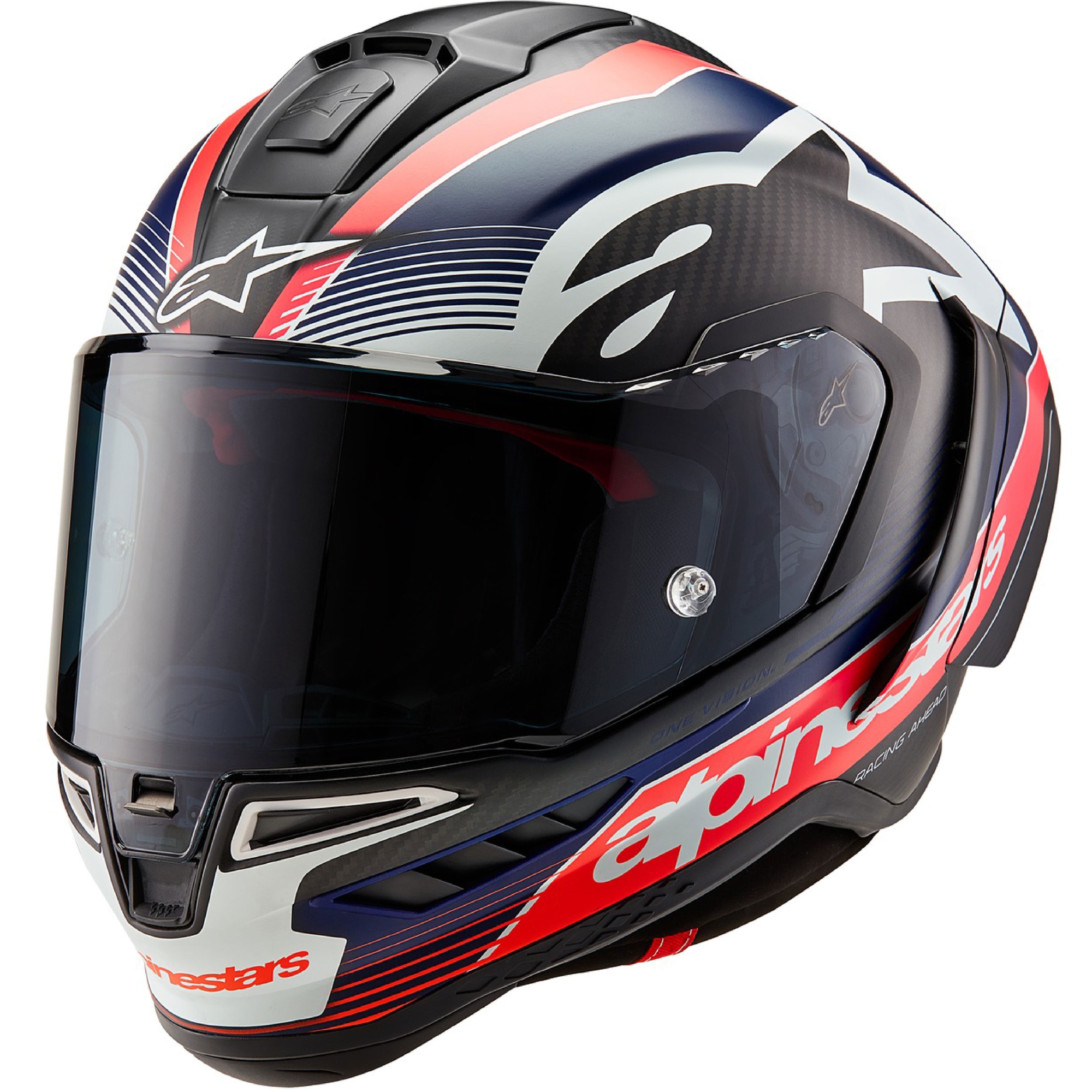 Integrální helma na motorku Alpinestars Supertech R-10 Team 2024 carbon fluo červeno-modro-bílá matná Velikost: M