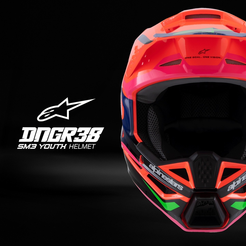 Dětská motokrosová přilba Alpinestars S-M3 HAIDEN DEEGAN fluo oranžovo-fialovo-růžovo-zelená
