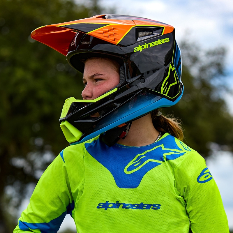 Dětská motokrosová přilba Alpinestars S-M3 HAIDEN DEEGAN fluo oranžovo-fialovo-růžovo-zelená