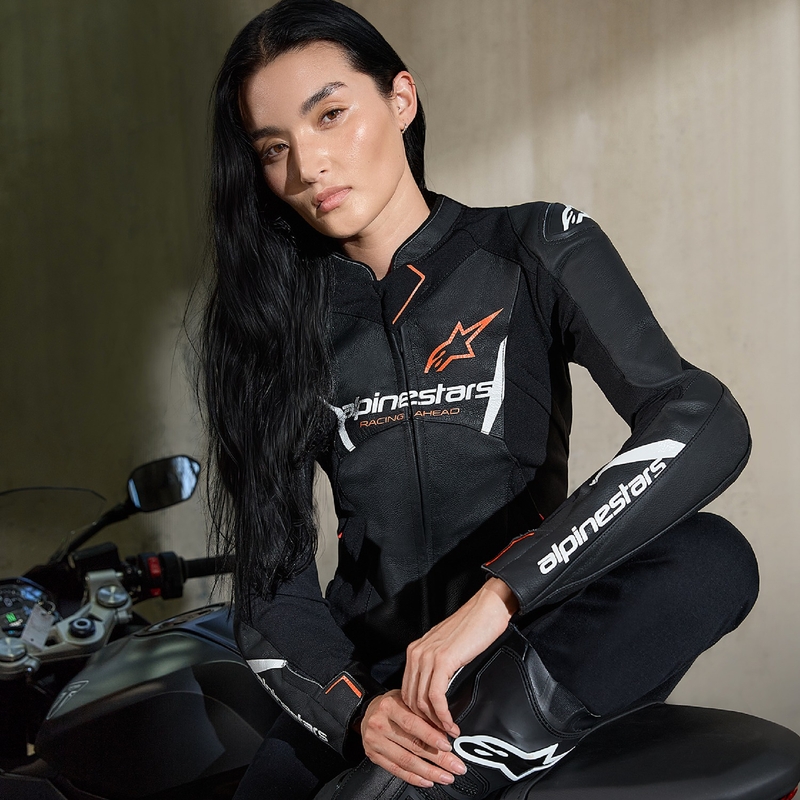Dámská kožená bunda na motorku Alpinestars Stella Faster 3 černo-bílo-fluo červená