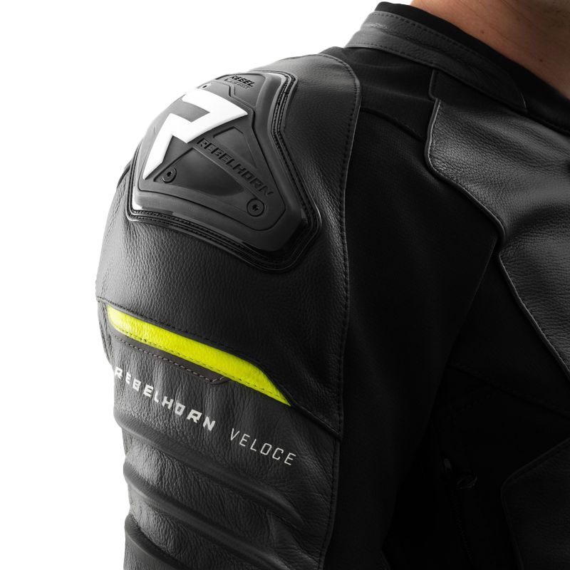 Kožená bunda na motorku Rebelhorn Veloce černo-šedo-fluo žlutá