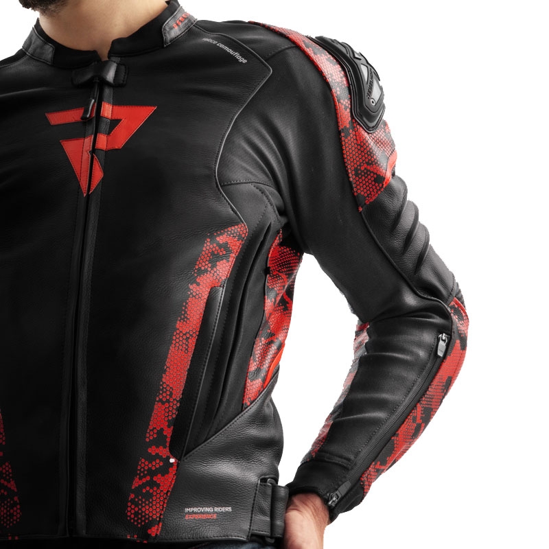 Kožená bunda na motorku Rebelhorn Veloce černo-camo červená
