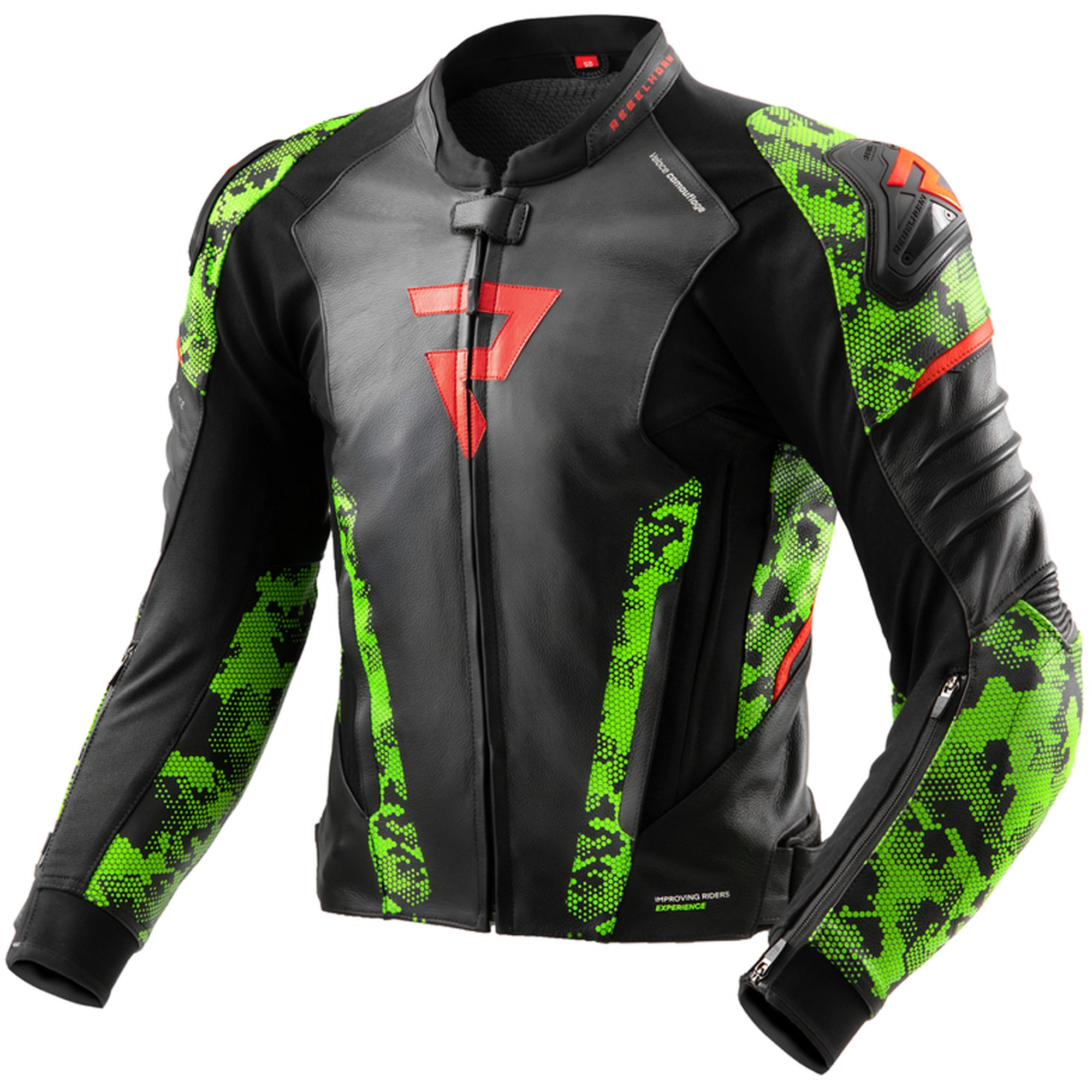 Kožená bunda na motorku Rebelhorn Veloce černo-camo zeleno-fluo červená Velikost: 52