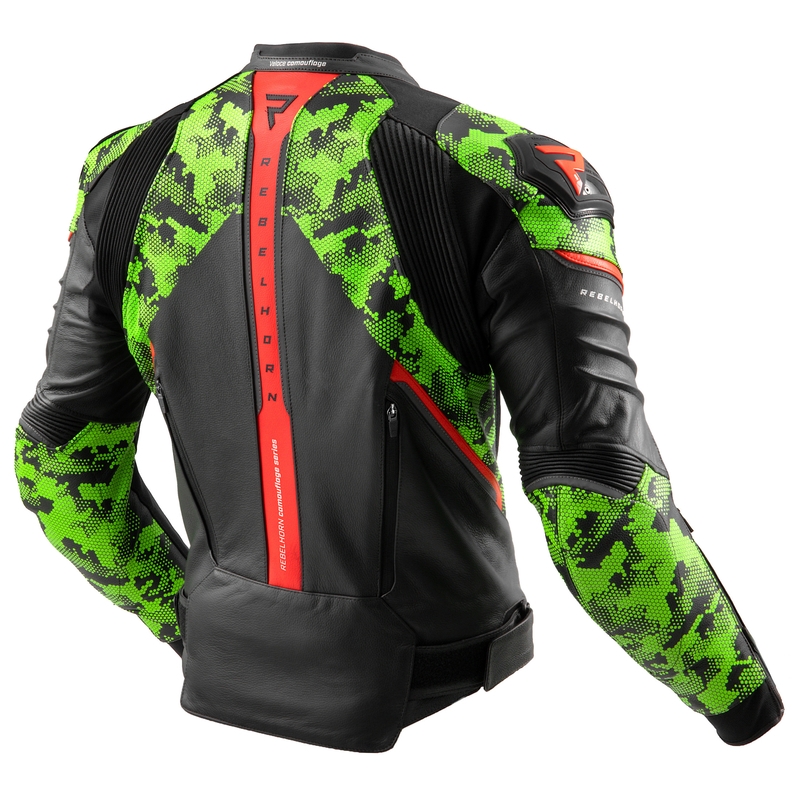 Kožená bunda na motorku Rebelhorn Veloce černo-camo zeleno-fluo červená