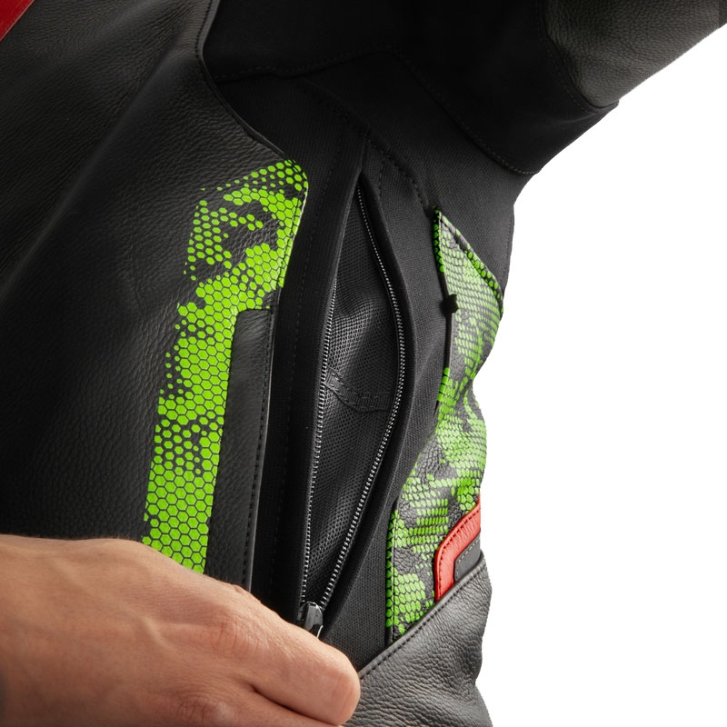 Kožená bunda na motorku Rebelhorn Veloce černo-camo zeleno-fluo červená