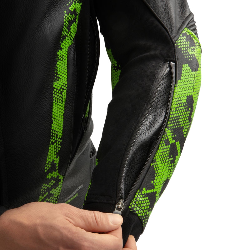 Kožená bunda na motorku Rebelhorn Veloce černo-camo zeleno-fluo červená