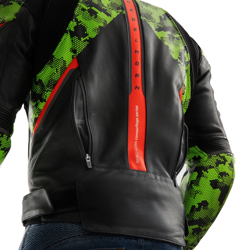 Kožená bunda na motorku Rebelhorn Veloce černo-camo zeleno-fluo červená
