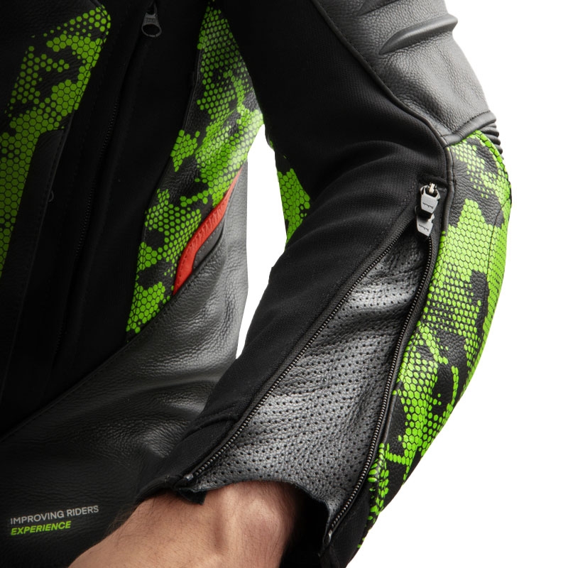 Kožená bunda na motorku Rebelhorn Veloce černo-camo zeleno-fluo červená