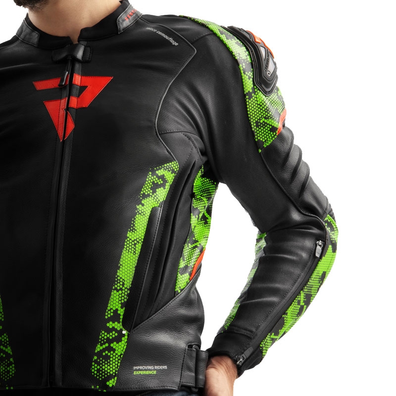 Kožená bunda na motorku Rebelhorn Veloce černo-camo zeleno-fluo červená